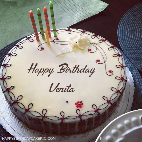 Candles Decorated Happy Birthday Cake For Venita